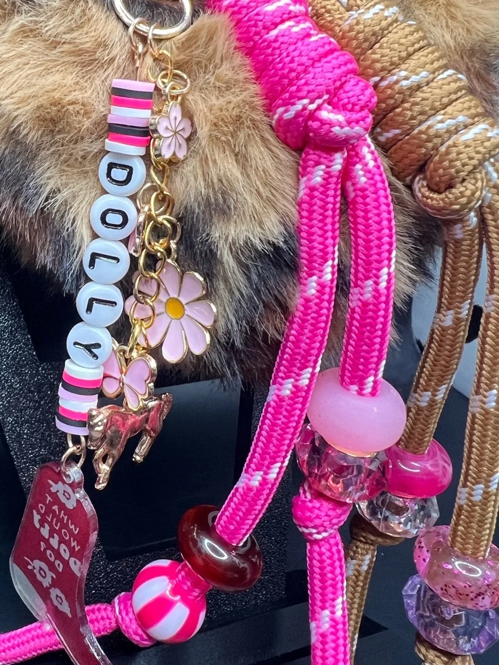 Dolly Inspired Gold Cheetah Heart Fur Pom Bag Charm Keychain 🐎💗